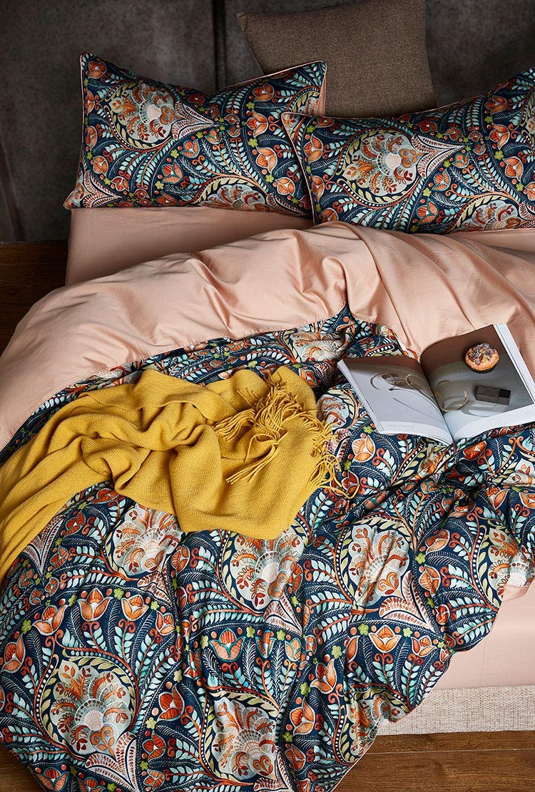 Eikei Home Damask Medallion Luxury Duvet Quilt Cover Boho Paisley Print Bedding Set 400 Thread Count Egyptian Cotton Sateen Vibrant Bohemian Pattern (Blue Orange, King) - Image 5